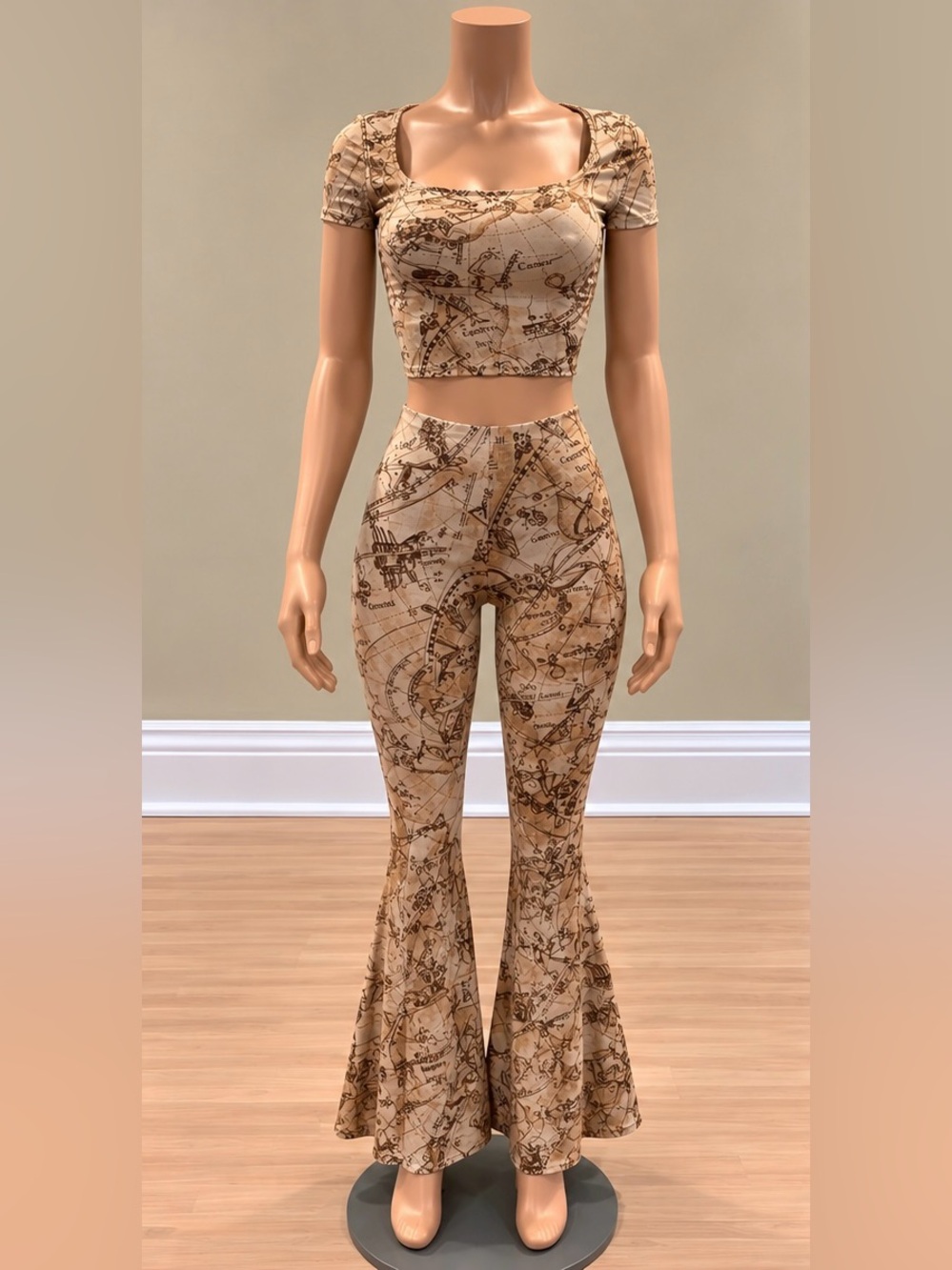 Taupe Zodiac Celestial Astrology Crop Top Flare Pants 2 Piece Set Y2K